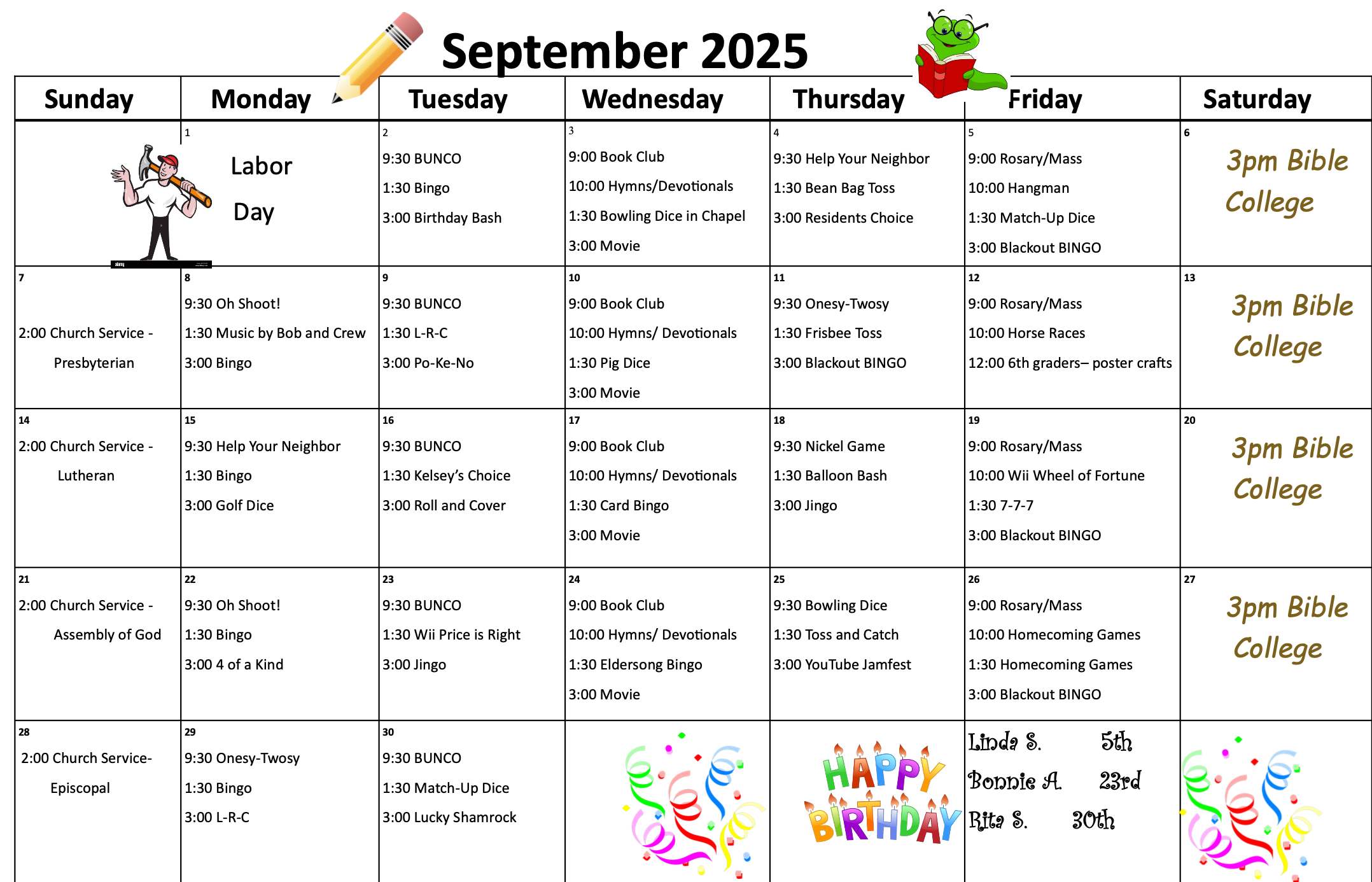 Pembilier September Activity Calendar