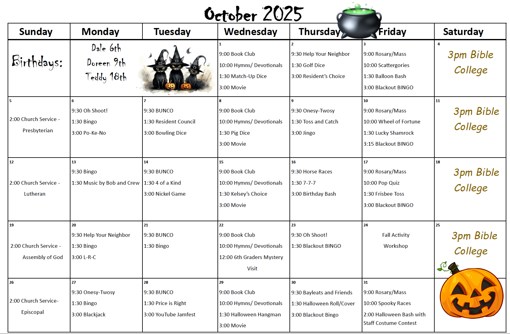 October Pembilier Calendar
