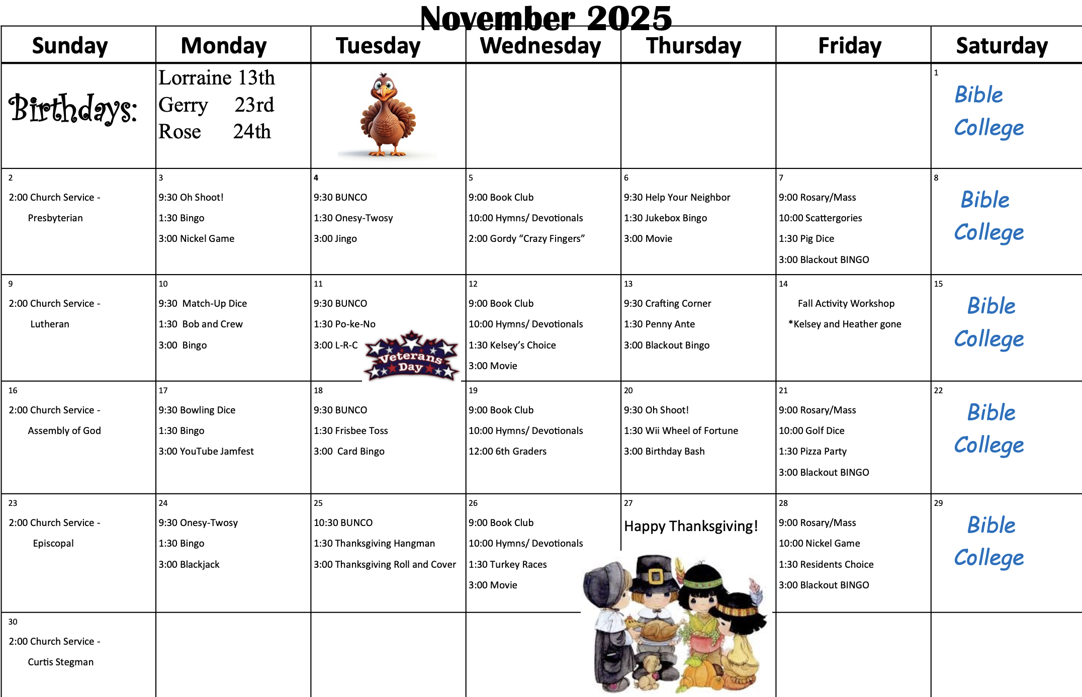 November Activity Calendar