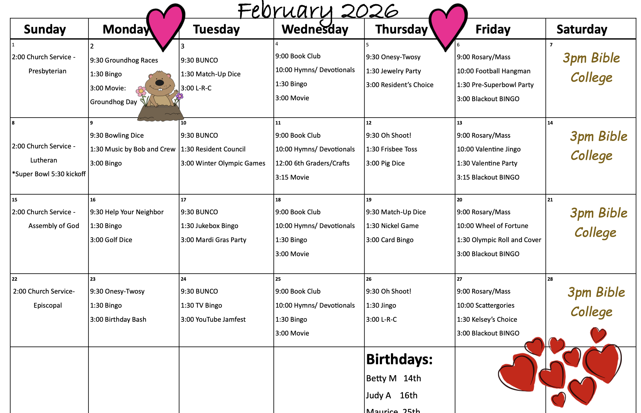 Pembilier February Activity Calendar