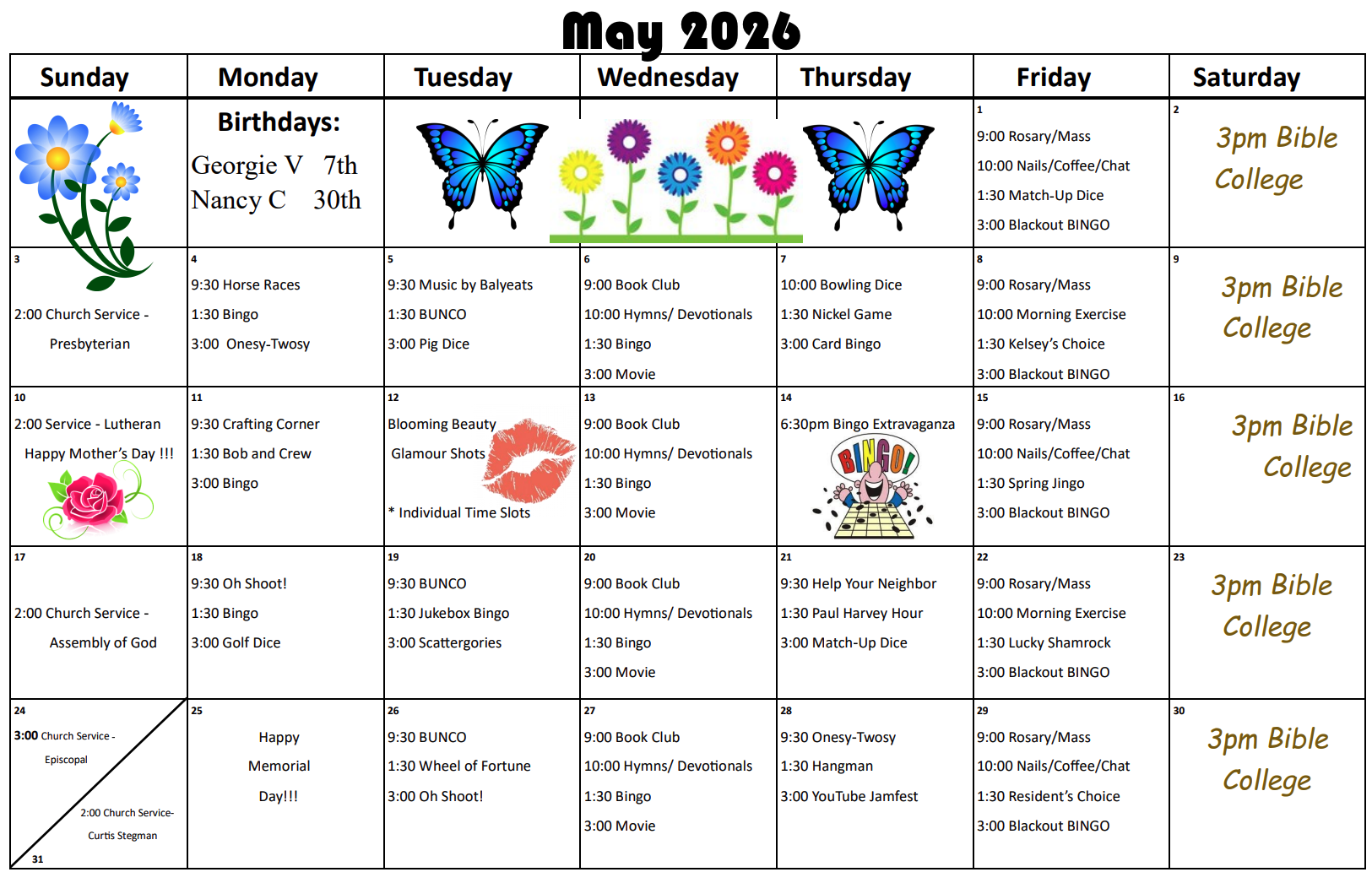 Pembilier May activity calendar