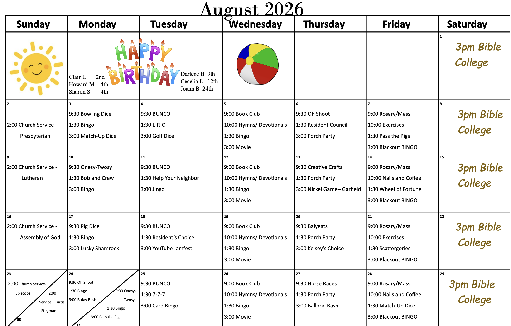 August 2026 Pembilier Activity Calendar