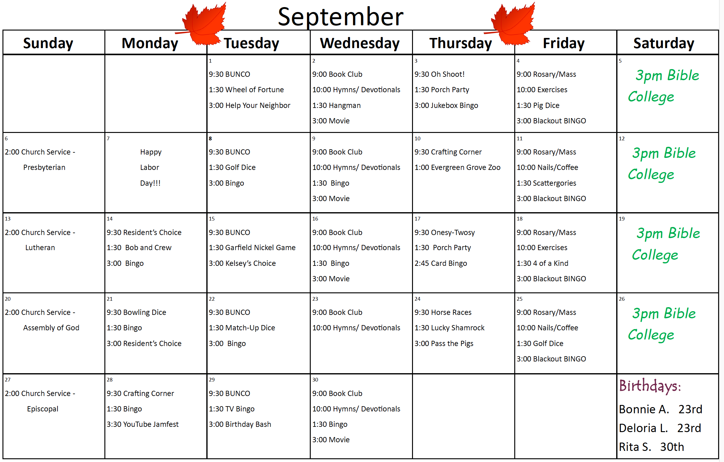 Pembilier September activity calendar