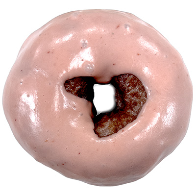 Circular doughnut with a thick layer of pink, red-speckled glaze