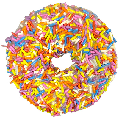 Circular doughnut covered in brightly colored sprinkles.