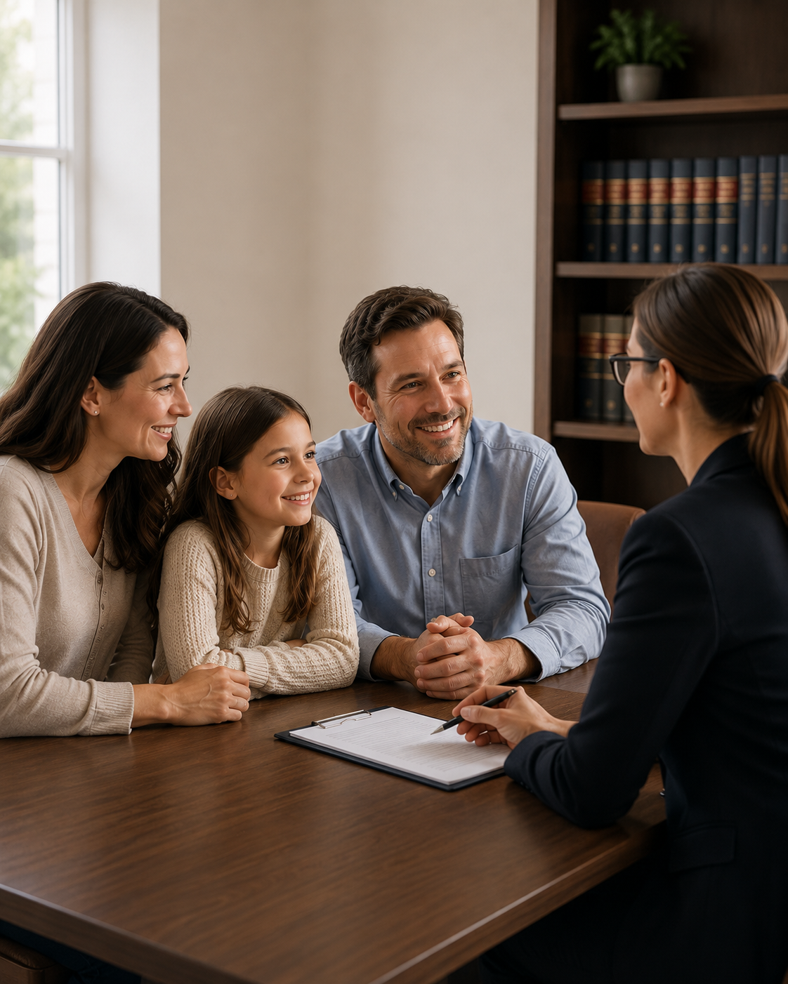 A family consulting with a legal professional in an office