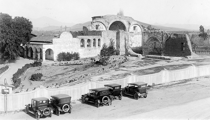 100 year old black and white photo of the mission