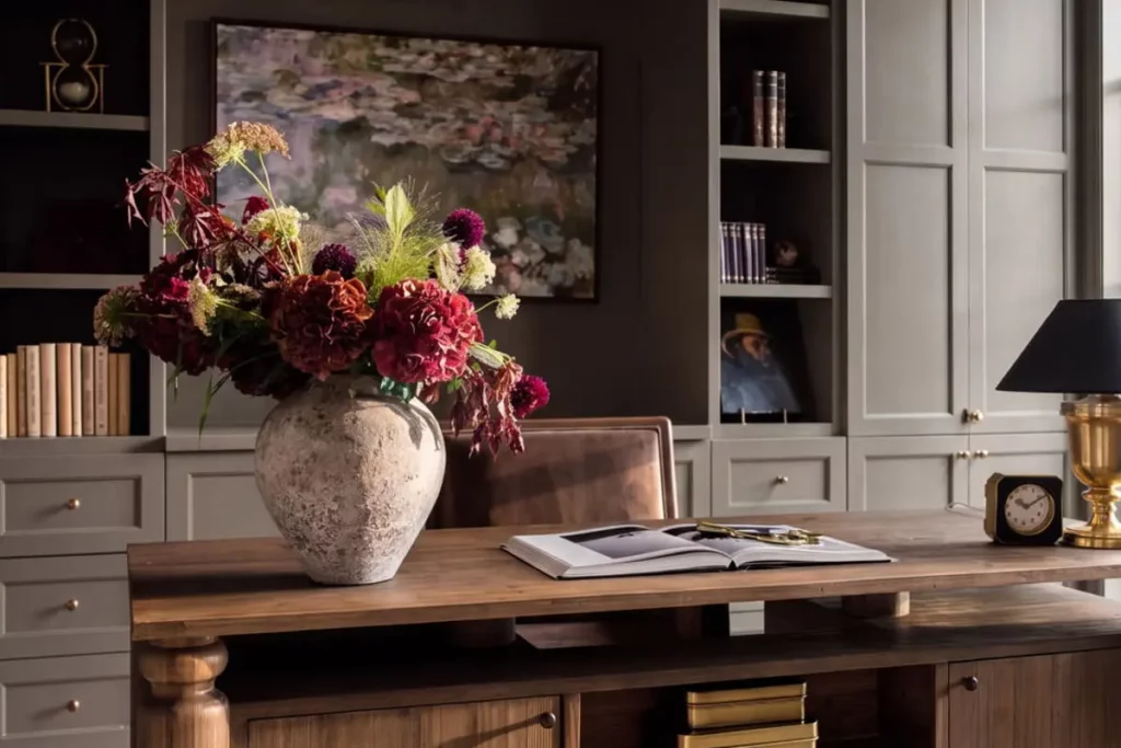 A desk with a large bouquet of flowers in a vase