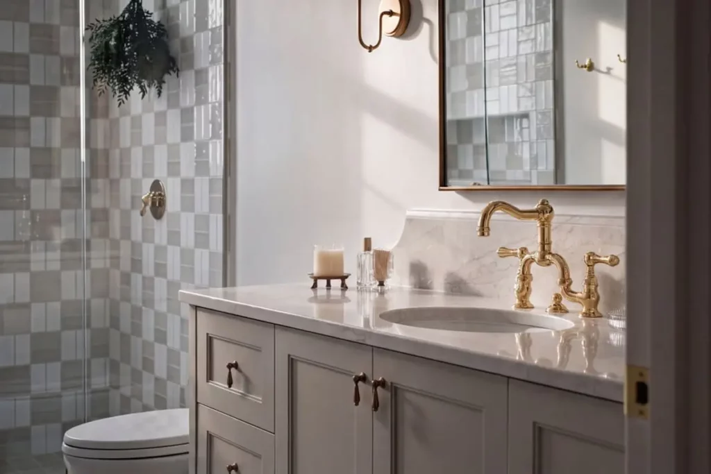 A newly renovated bathroom with gold fixtures and grey tile