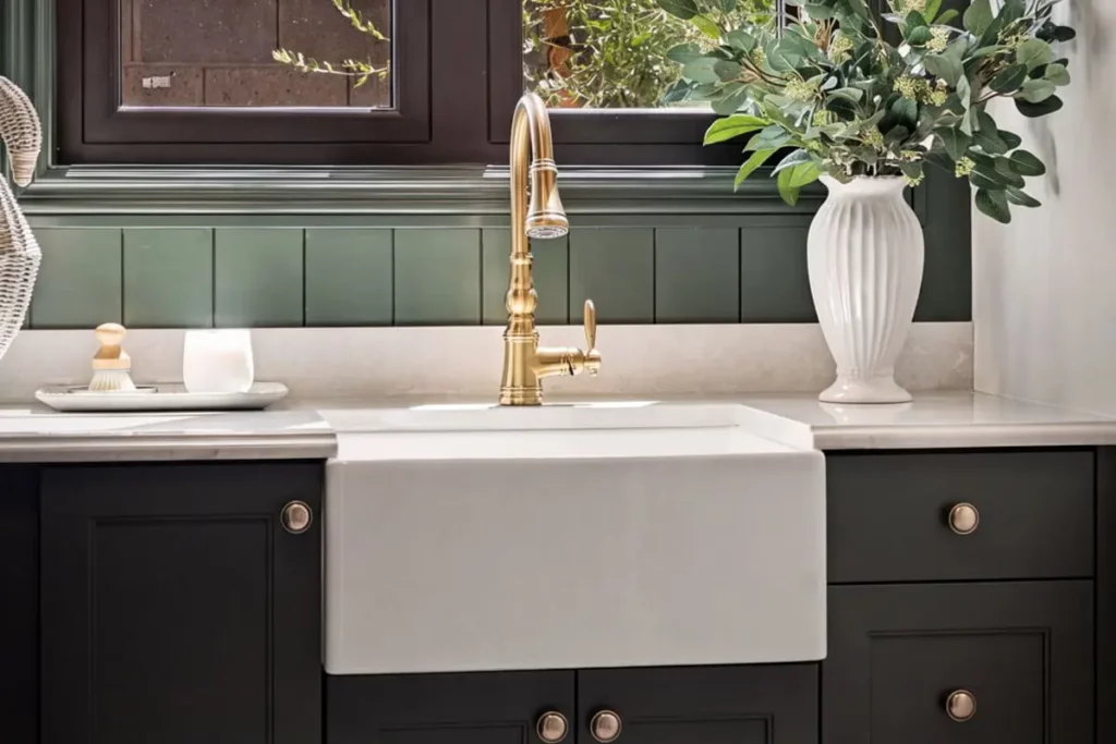 A kitchen sink with a gold faucet