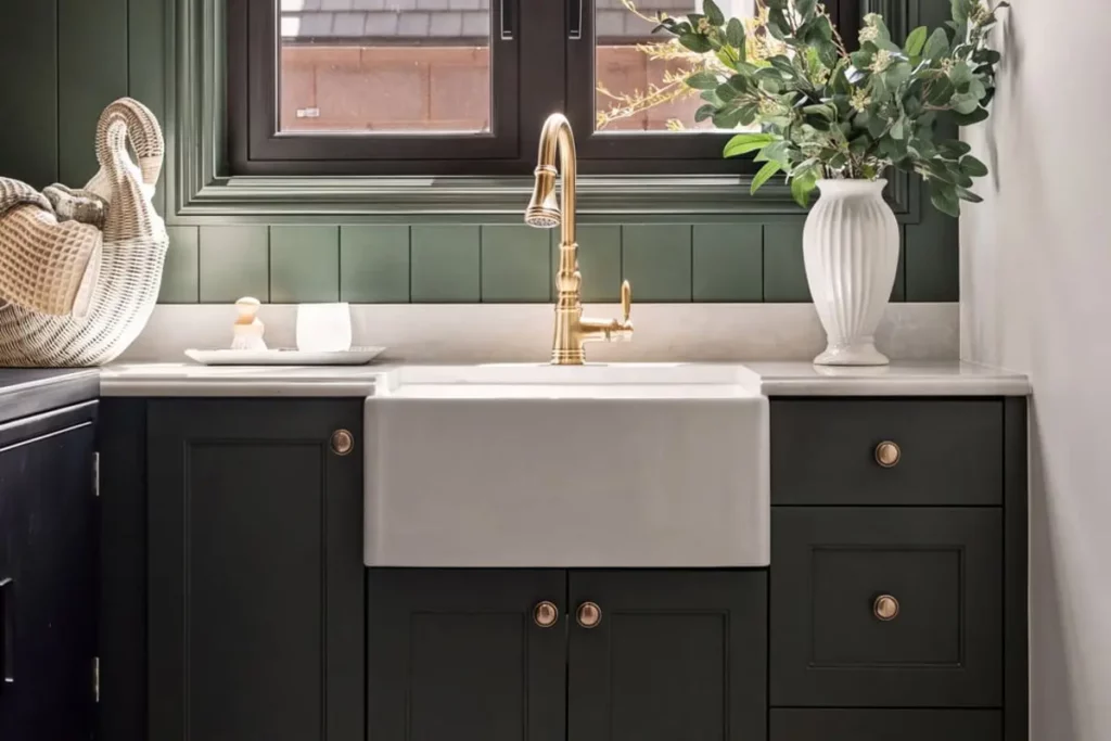 A kitchen sink with a gold faucet