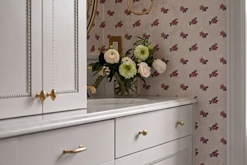 A closeup of a bathroom sink with a small vase of flowers in the counter