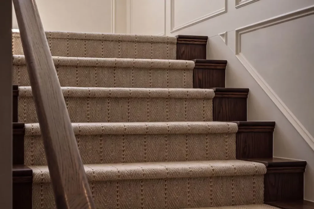 A wooden staircase with a white runner rug