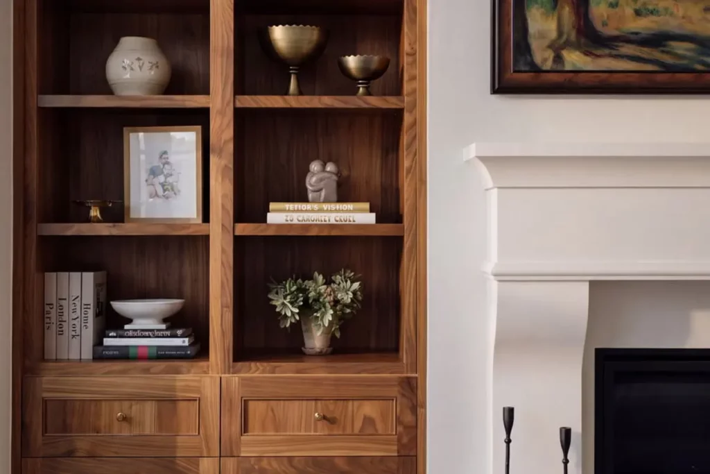 A built in wooden bookcase next to a fireplace displaying books and knick knacks