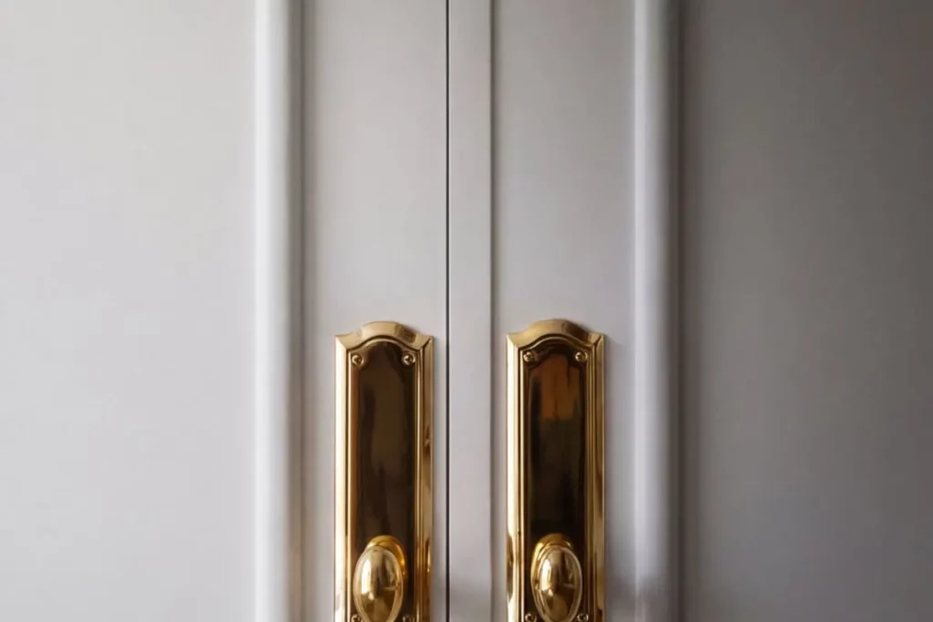 Gold doorknobs on white doors