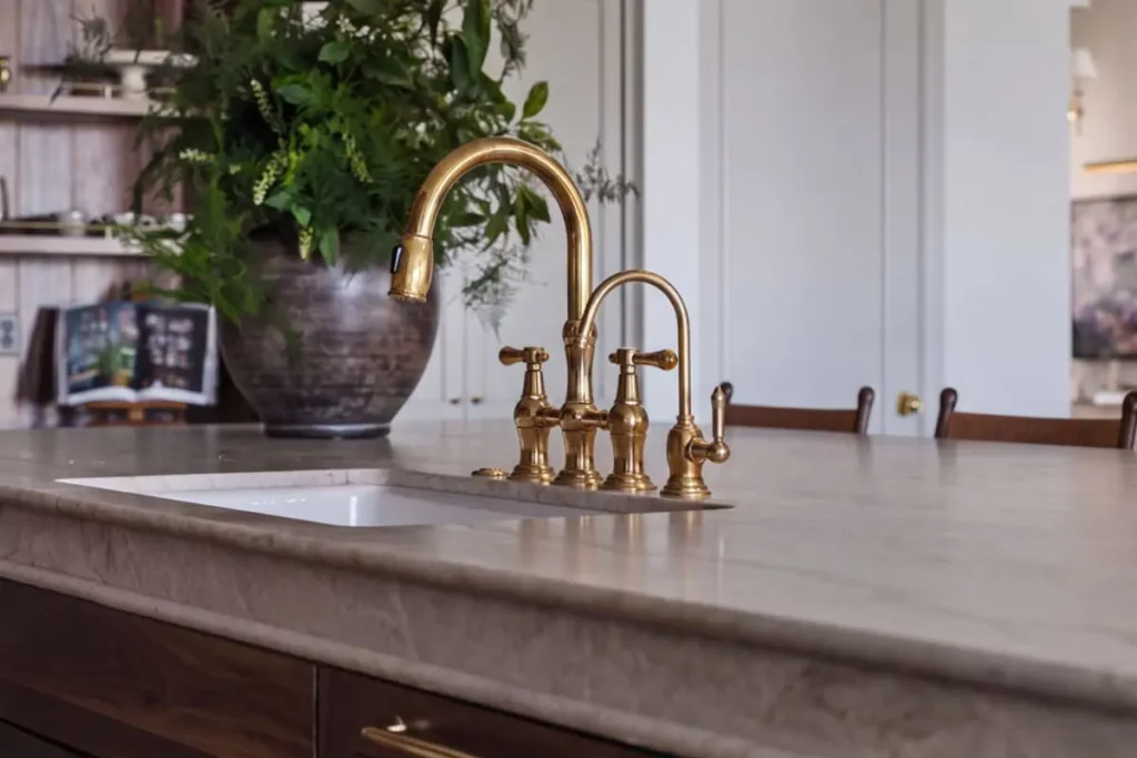 A sink built into a kitchen island with granite countertops
