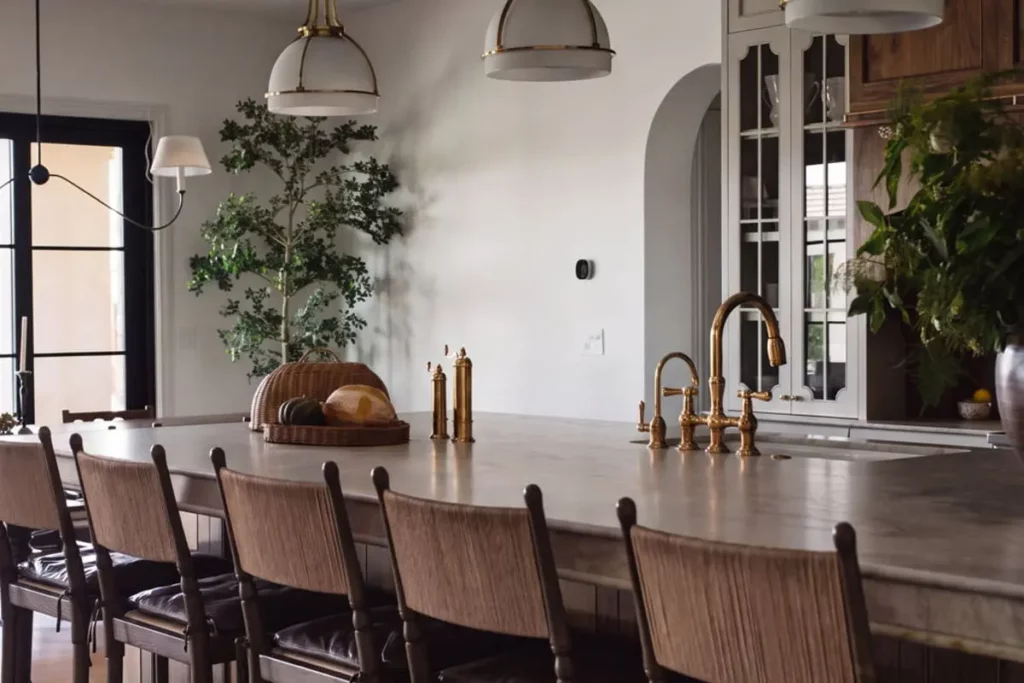 Kitchen island with a built in sink and wooden bar chairs