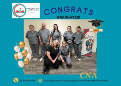 Group picture with seven graduates at the Prosperity Training Center